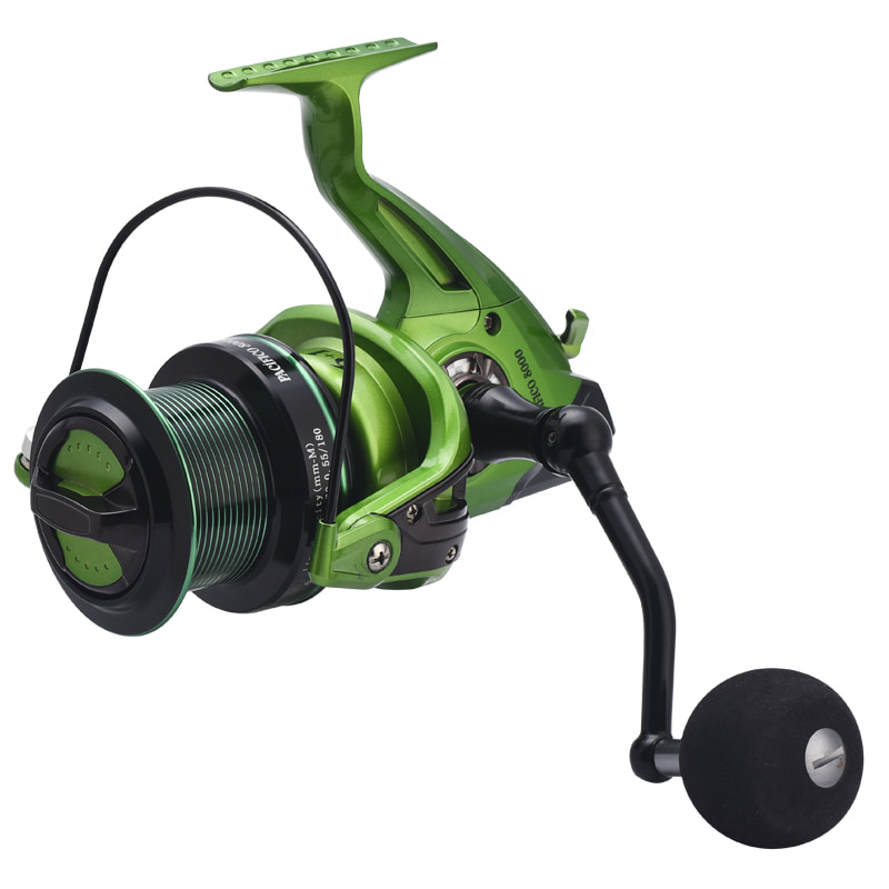 Carretel de pesca em mar profundo, metal verde, roda distante, jangada longa, carretel de fundição de isca, carretel de pesca giratório