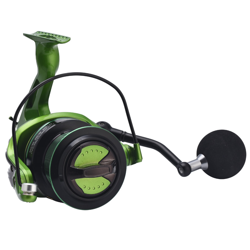 Carretel de pesca em mar profundo, metal verde, roda distante, jangada longa, carretel de fundição de isca, carretel de pesca giratório