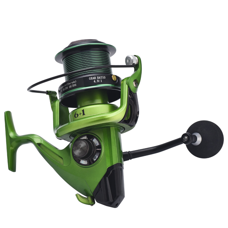 Carretel de pesca em mar profundo, metal verde, roda distante, jangada longa, carretel de fundição de isca, carretel de pesca giratório